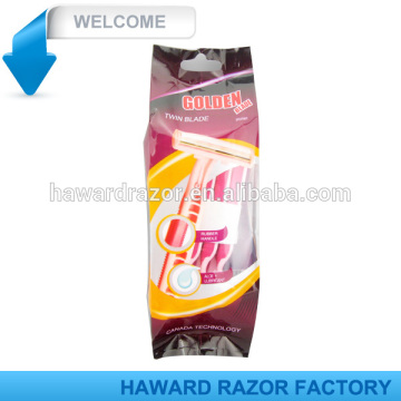 polybag packing for lady , twin stainless steel blade with lubricant strip , rubber handle ,staight razor