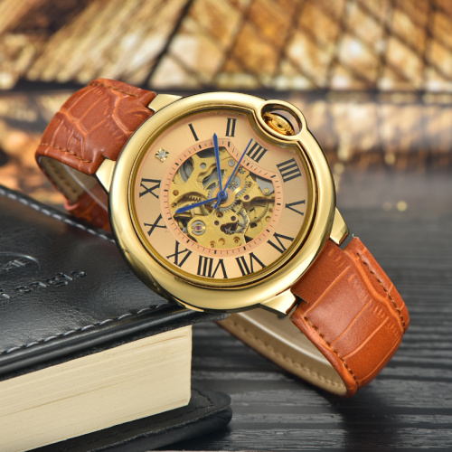 Orange leather band gold case skeleton watches