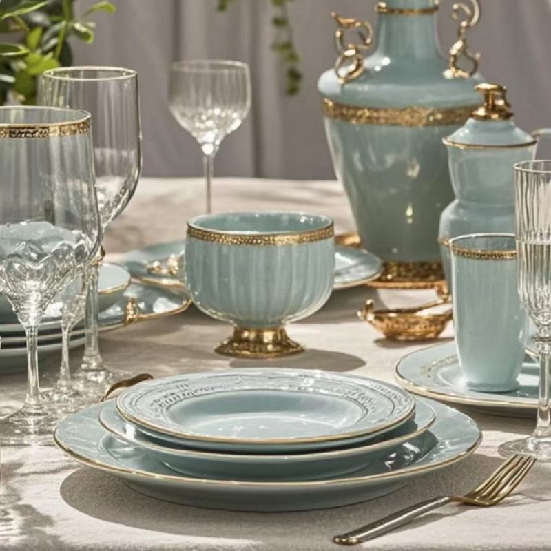 Luxury Blue-Gold Tableware Set with Crystal Glasses