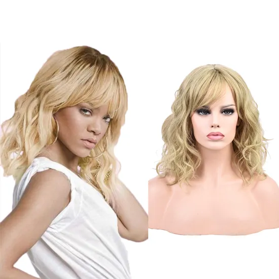 Cheap Wholesale Heat Resistant Ombre Brown Black Blonde Pink Curly Wig For Women Synthetic Short Water Wavy Wigs With Bangs