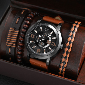 Hot Selling Men's Sports Quartz Watch Set with Calendar and Hollow Design