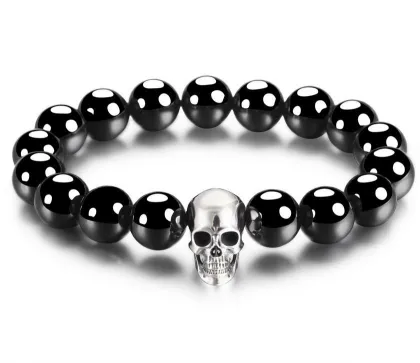 925 Sterling Silver Carved Skull & Black Obsidian Bracelet with Crystal Healing