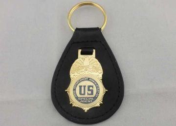 Brass Personalized Leather Keychains With Gold Plating , Us Agent Leather Key Chain