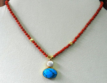 925 Sterling Silver Blue Turquoise & Pearl Necklace