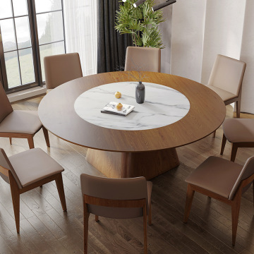 Chinese Solid Wood Inlaid Rock Plate Dining Table - Walnut Large Round Table with Chairs