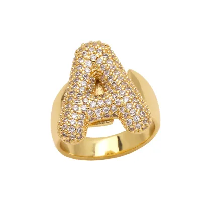 Copper Micro-Inlaid 26 English Letter Ring: Zircon Gold-Plated Open Ring for Women