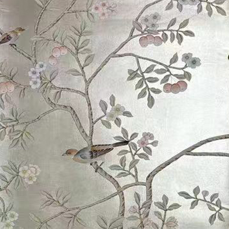 Flower and bird Silver-gray hand-painted wallpaper