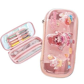 DIY Pink Puff Girl Clear Pencil Case - Deli BC308 for Primary School Students (Double/Three Layer, Large Capacity)