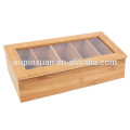 Caja de té de bambú única con 5 compartimentos y tapa de acrílico transparente