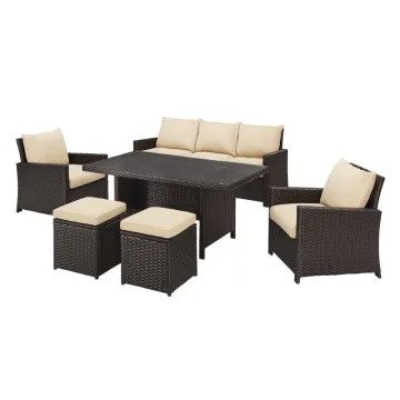 6 Piece Low Dining Conversation Set - Outdoor Wicker Rattan Patio Furniture Garden Sofa with Cushion