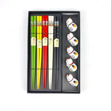 Environmentally-Friendly Reusable Sushi Wood Chopsticks Gift Set with Ceramic Holders - Lucky Cat Design