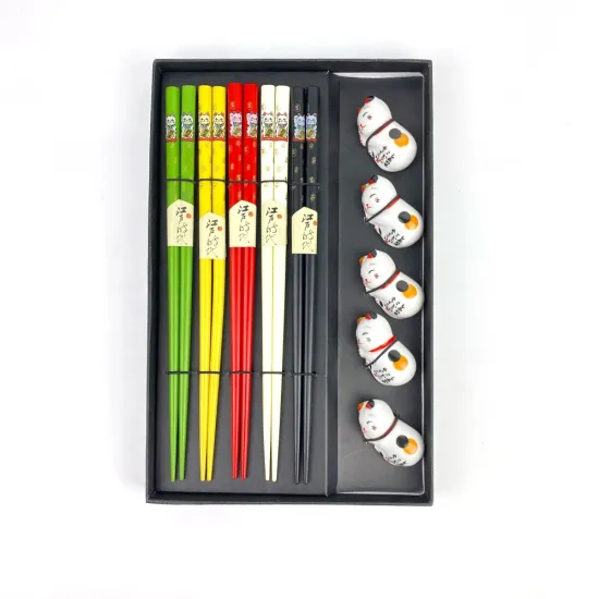 Environmentally-Friendly Reusable Sushi Wood Chopsticks Gift Set with Ceramic Holders - Lucky Cat Design