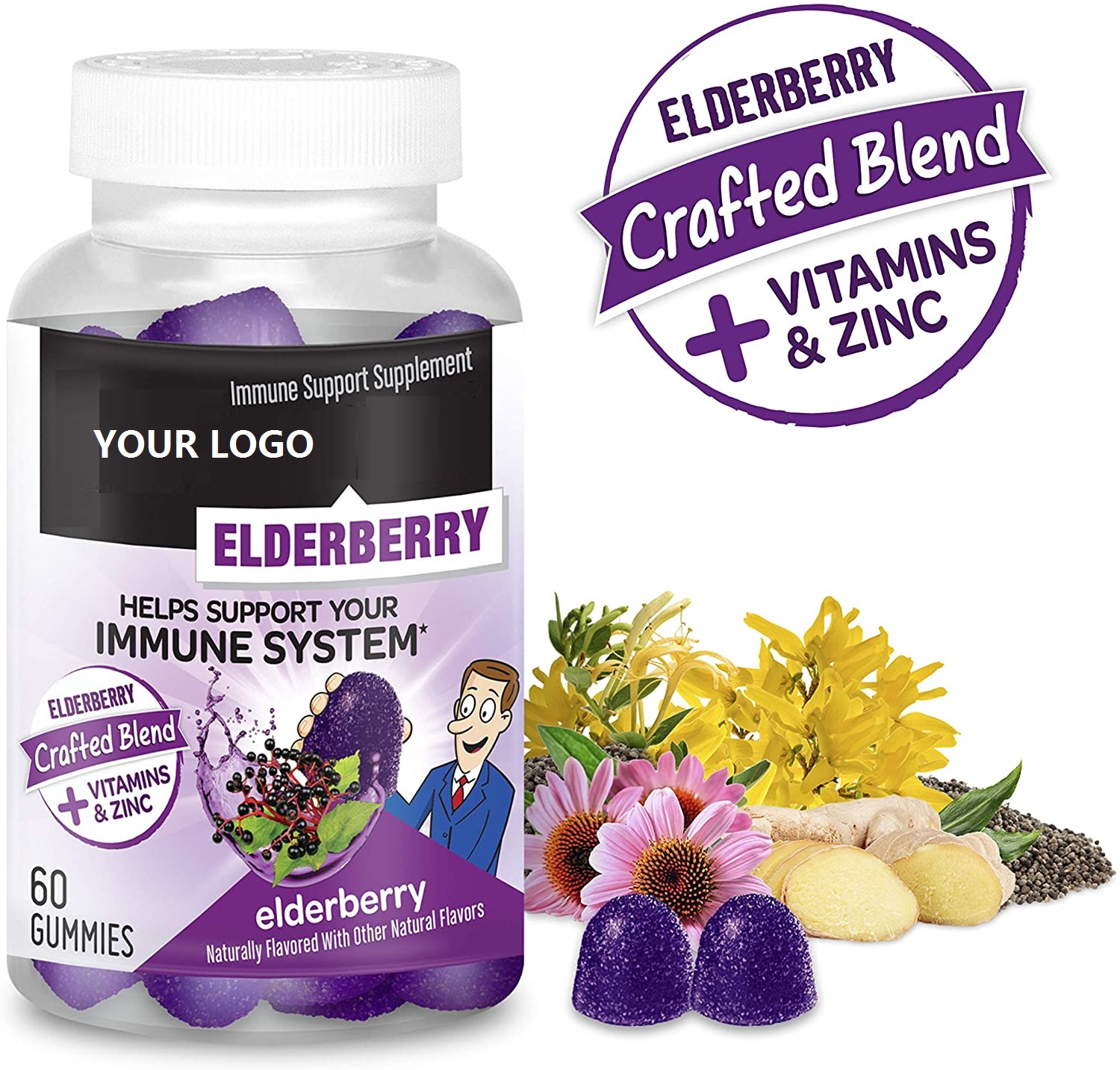 OEM/ODM Gluten Free Gelatin Free Immune Support Pectin Vitamin C Black Elderberry Gummies