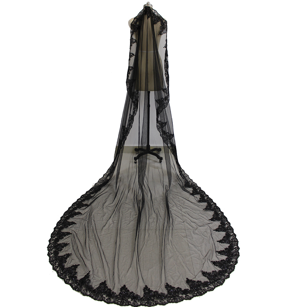 Real Photos Black Lace Wedding Veil One Layer 3 M Cathedral Long Bridal Veil with Comb Wedding Head Accessories