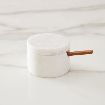 Marble Salt Cellar with Wooden Spoon: A Stylish Small Spice Container Jar with Lid