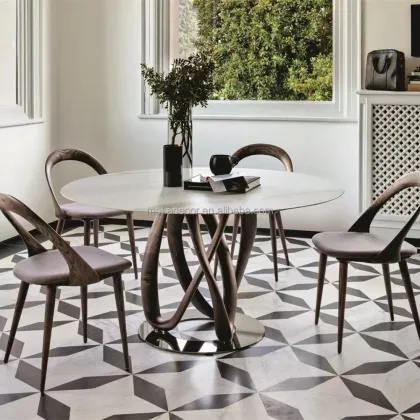 Classic Modern Marble Top Solid Wood Round Dining Table
