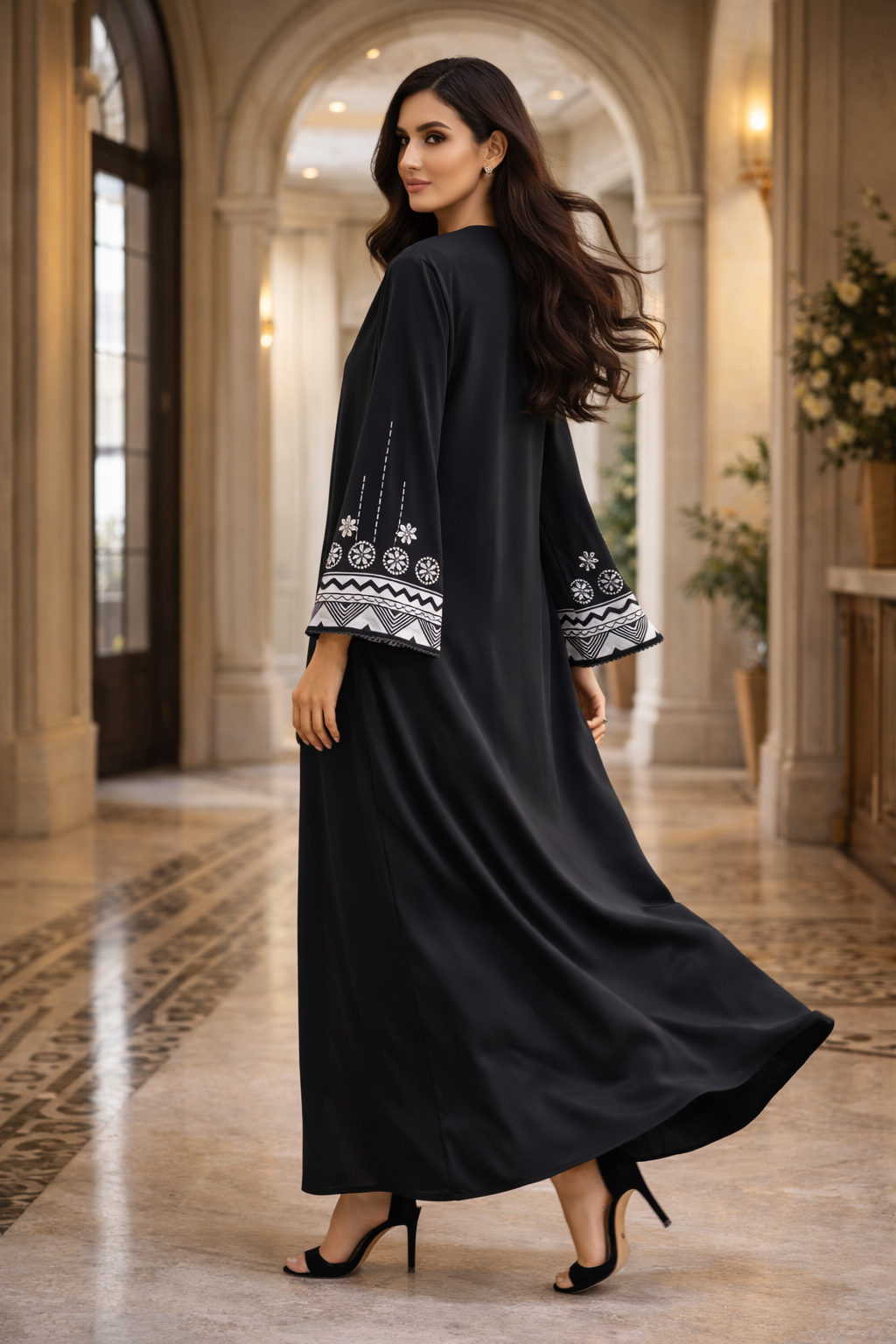 black silver embroidered abaya flowing back