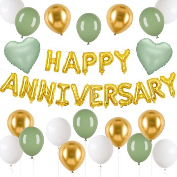 Golden Green White Birthday Happy Banner Balloons