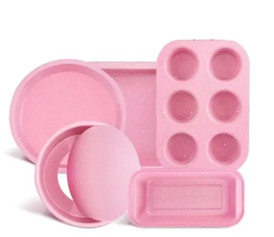Hot Set Pink Carbon Steel Cake Baking Molds - Pan Sets for Cake, Toast, Loaf, and Pizza
