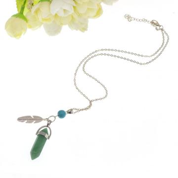 Green Aventurine Feather Hexagonal Prism Pendant Necklace