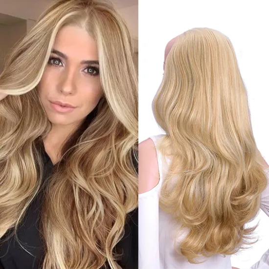 Wholesale Soft Long Wig Ombre Blonde Capless Wigs Hair Clips Extension 24Inches Wavy 3/4 Half Wig Synthetic Hair Extensions