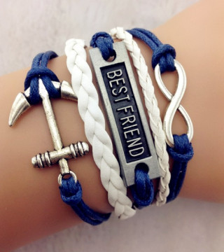 "Best Friends" Blue Leather Anchor Charm Bracelet Love Bracelet