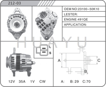 CAR 491QE NISSAN ALTERANTOR MOTOR 23100-50K10