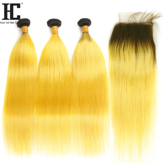 Brazilian Straight Hair Bundles With Closure Dark Roots Ombre Bundles With Closure Ombre Yellow Remy Human Hair