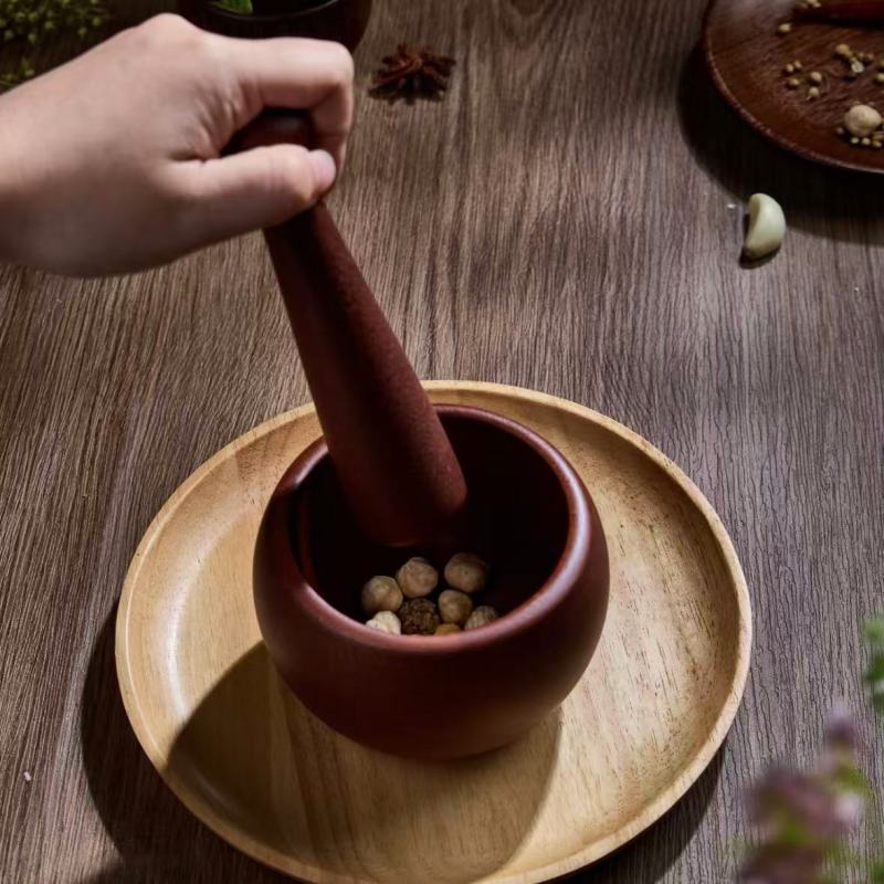 Natural Wood Mortar and Pestle Set with Wooden Tray