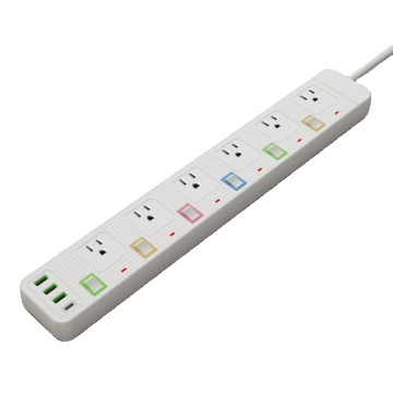 Wholesale American 6 Outlet Power Strip with 3USB + 1Type-C and Individual Switch