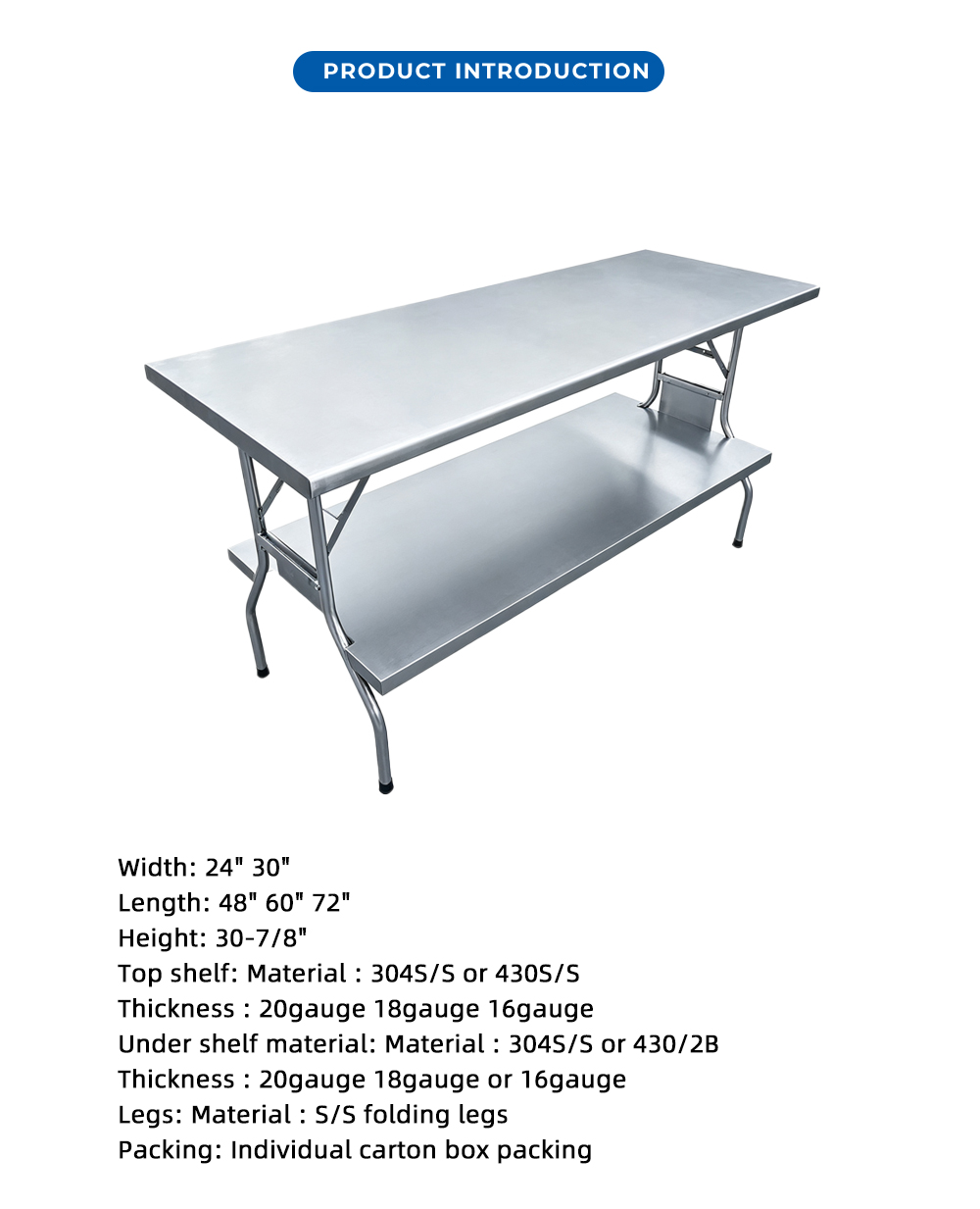 Folding Stainless Steel Work Table with Undershelf X