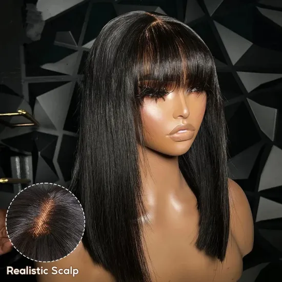 Raw Vietnamese Virgin Human Hair Bob Glueless Lace Wigs with Bangs