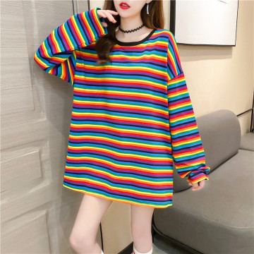 Women Harajuku Loose Striped Rainbow Tops