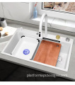 Samtou Nano White Step Kitchen Sink with 304 Stainless Steel Handmade Above Mount Waterfall Faucet - Farmhouse Style