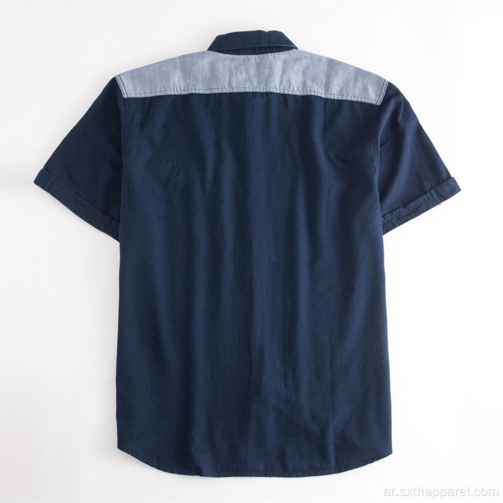قمصان رجالية مطرزة بأكمام قصيرة وجيوب زرقاء داكنة