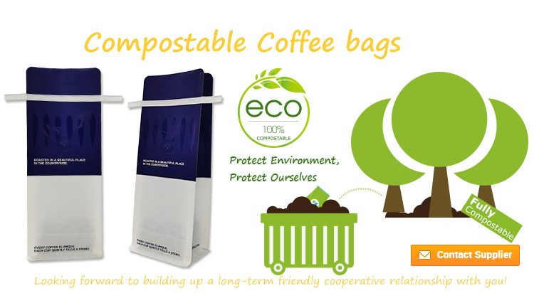 Compostable Customized Printing Flat Bottom Tin Tie Coffee Packaging Kraft Paper Pouches with Ziplock 