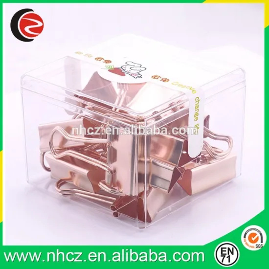 Small rose gold binder clips in plastic box