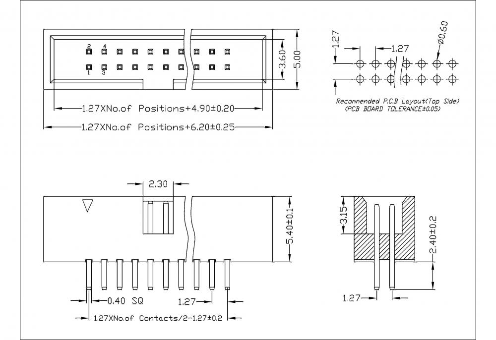 1,27 mm (.050 &quot;) En-tête de boîte 180 ° / droite H = 5,4 mm