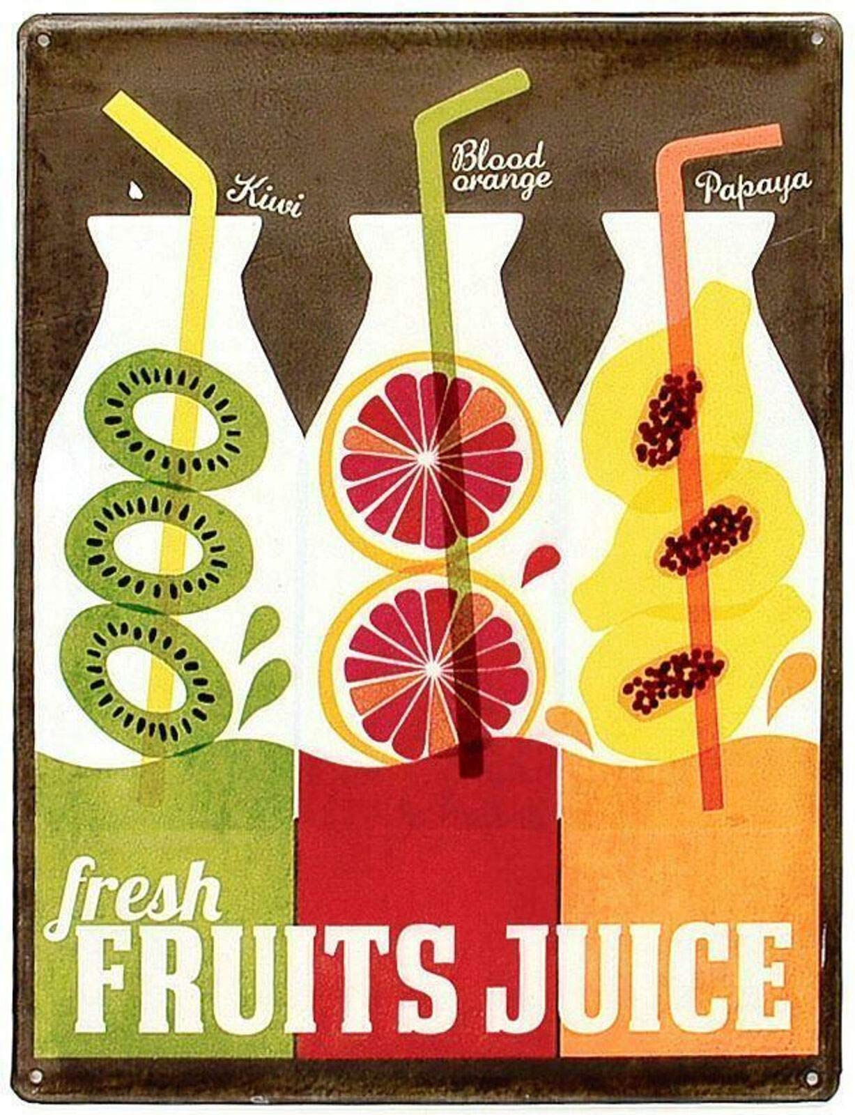 Kiwi Orange Papaya Fresh Fruits Juice Cafe Tin Sign Board Home Decoration Nostalgic Vintage Retro Poster Dimensions 20x30 cm