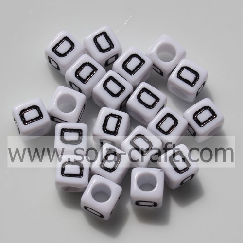 Acrylic Square White Face and Black Letter Big Diameter Hole Beads