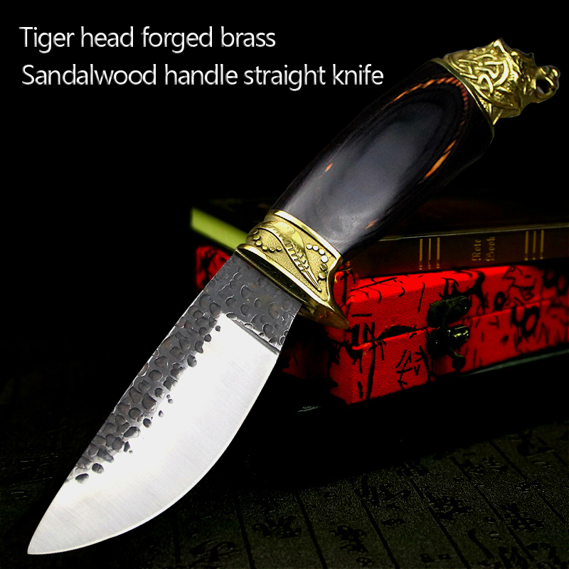 Tiger head forging brass sandalwood handle high carbon steel straight knife outdoor tactical knife hunting knife + Leather Case