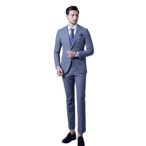 Custom Slim Fit Full Canvas Gray Striped Suit