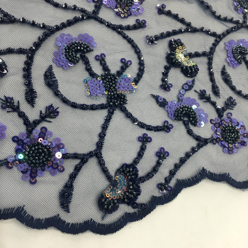 Polyester Sequins And Beads Border Embroidery Fabric
