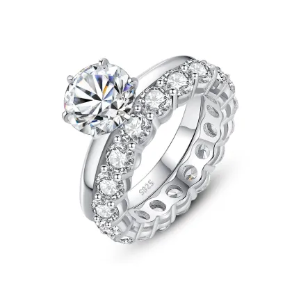 925 Sterling Silver Moissanite Diamond Engagement & Eternity Ring with Silver Lab Diamond