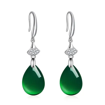 Stunning Green Agate & Chalcedony Water Drop Earrings with Micro Diamond Accents