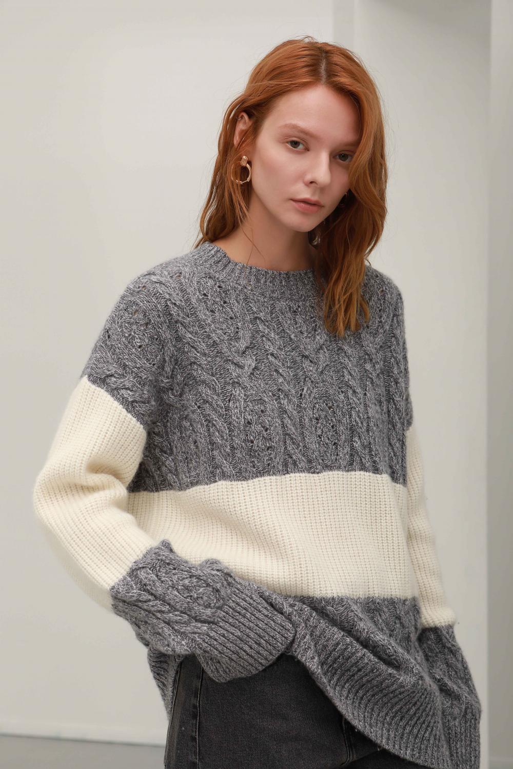 Round collar white grey stitching pure cashmere pullover