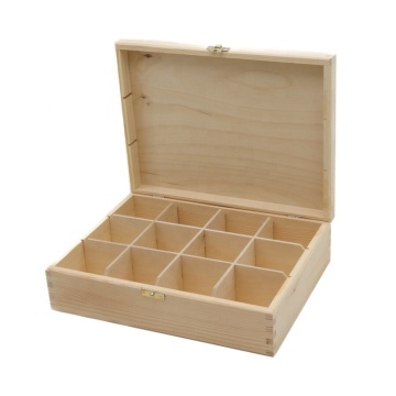 Caja de té de pino sin terminar con compartimentos extraíbles y pestillo