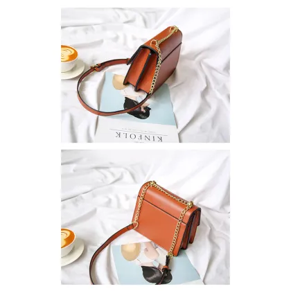 Brown Leather Sling Bag with Chain Strap