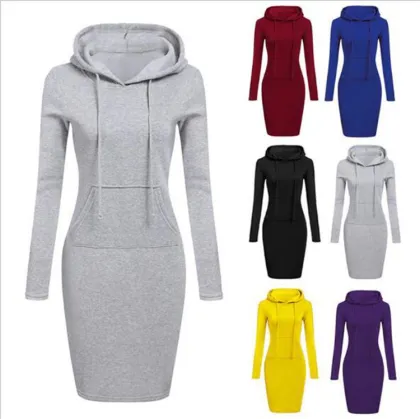 100% Polyester Women's Slim Fit Hooded Sweatshirt Dress