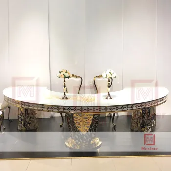 Modern Wedding Event Furniture: Half Moon Stainless Steel and Glass Dining Table Set with Chairs